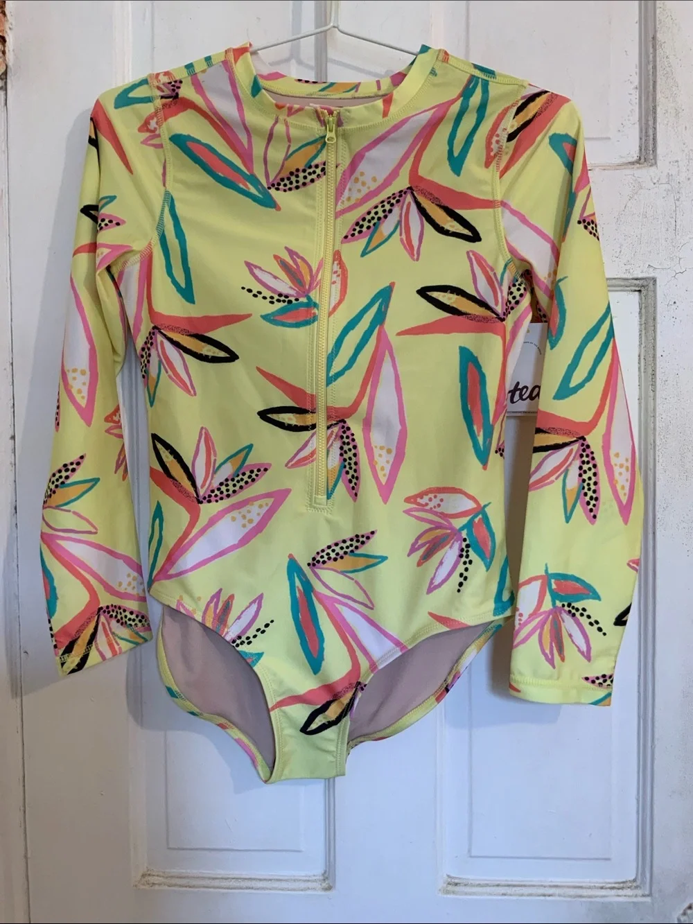 NWT Girls Long Sleeve Zip Front Floral Rash Guard Swimsuit - Yellow in size 16